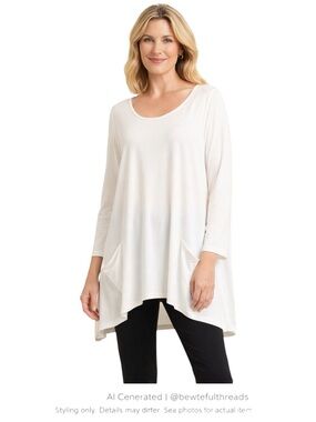 Minimalist White Tunic Top Soft Stretch Travel Layering A-Line Medium